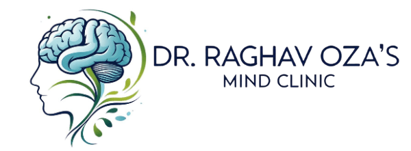 shows the logo for "Dr. Raghav Oza's Mind Clinic," which features a stylized human profile with a brain integrated into the design.